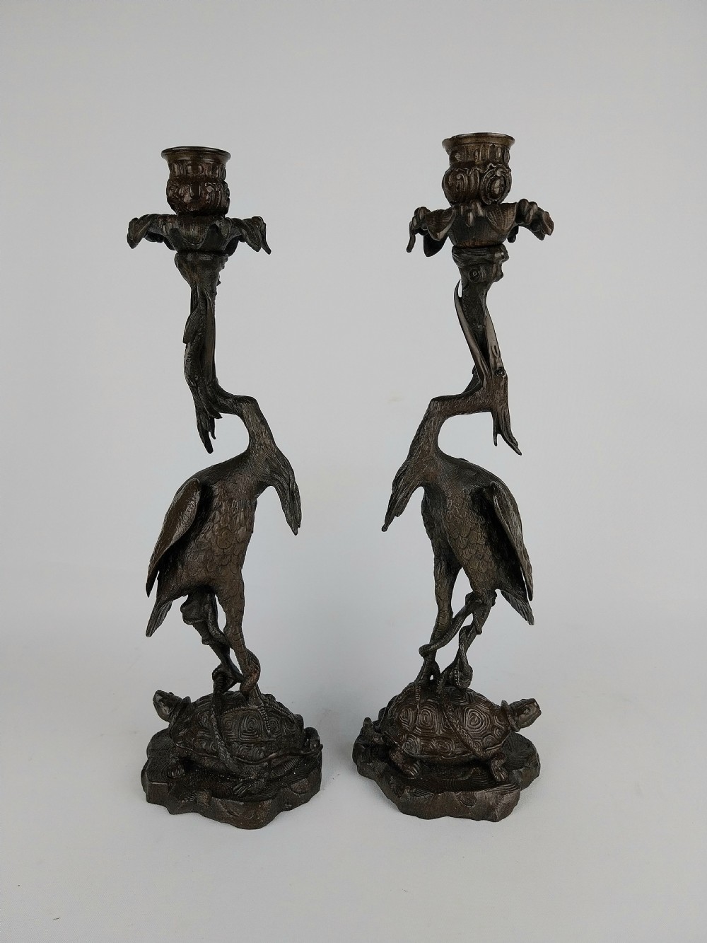 Pair of Bronze Stork Candlesticks  View II