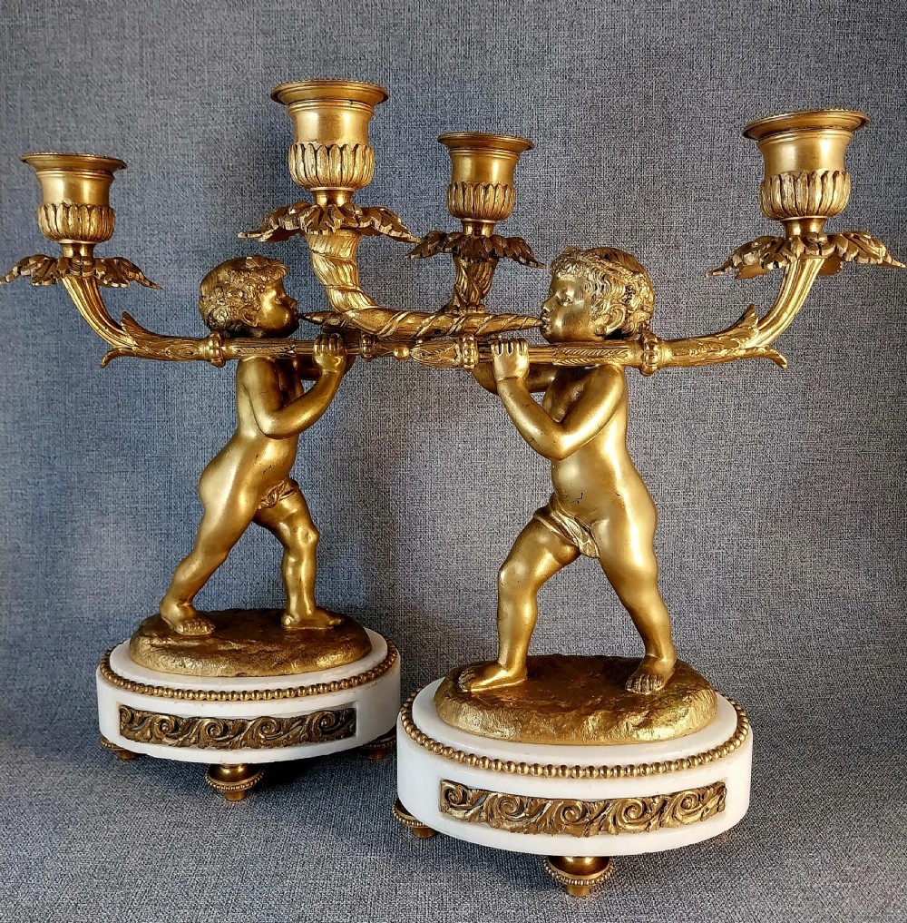 Pair of Antique Gilt Bronze Cherub Candlesticks 
