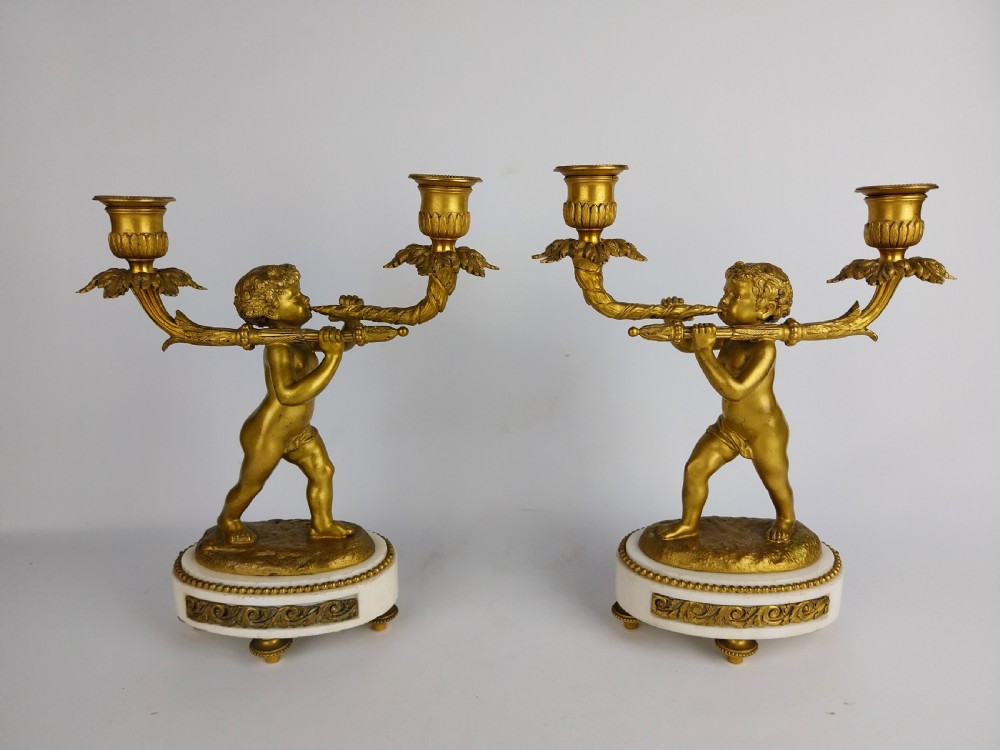 Pair of Antique Gilt Bronze Cherub Candlesticks  View II