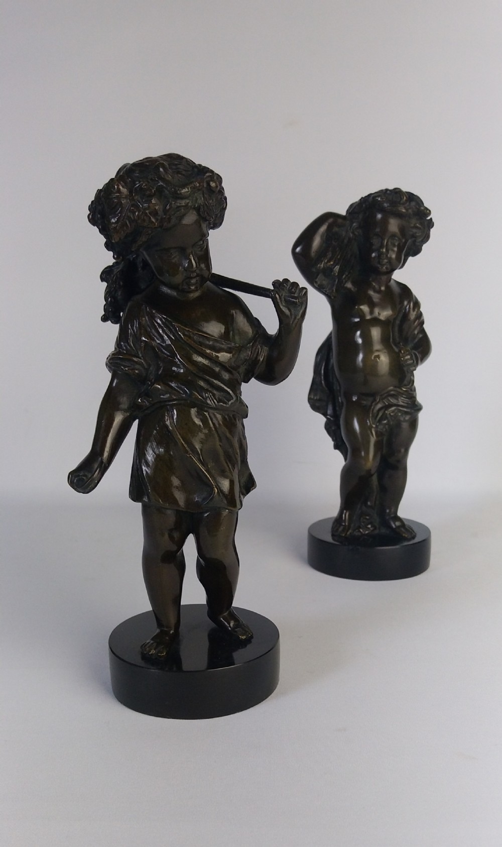 Pair 19th Century Bronze Cherubs Sculpture - Neoclassical Harvest Allegory Putti Statues
