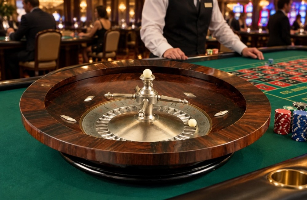 An antique circular rosewood roulette wheel featuring a turned metal central turret and inlaid diamond markers.
