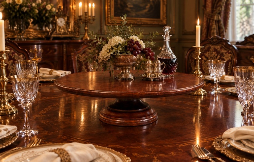 A circular Victorian mahogany revolving lazy susan featuring a moulded edge and a turned pedestal base. View XI