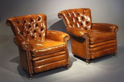 Outstanding Pair of Antique Leather Chairs