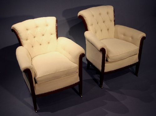Antique Pair of Linen Upholstered Armchairs