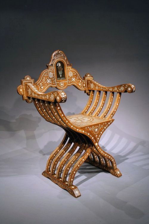 Italian Walnut and Bone Inlaid Savonarola X Frame Chair