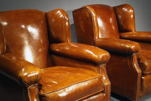 fig 3. Antique Pair Of Leather Armchairs