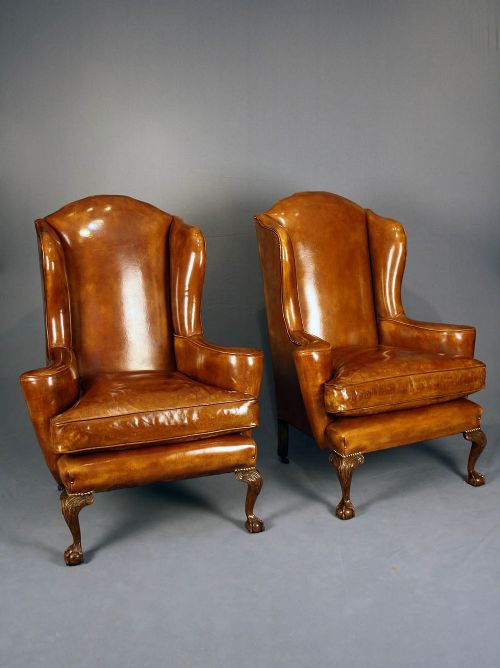 Pair of Antique Walnut Leathered Wing Chairs