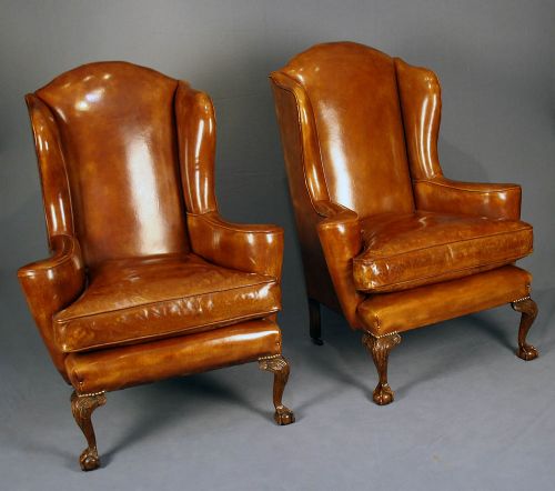 fig 1. Pair of Antique Walnut Leathered Wing Chairs