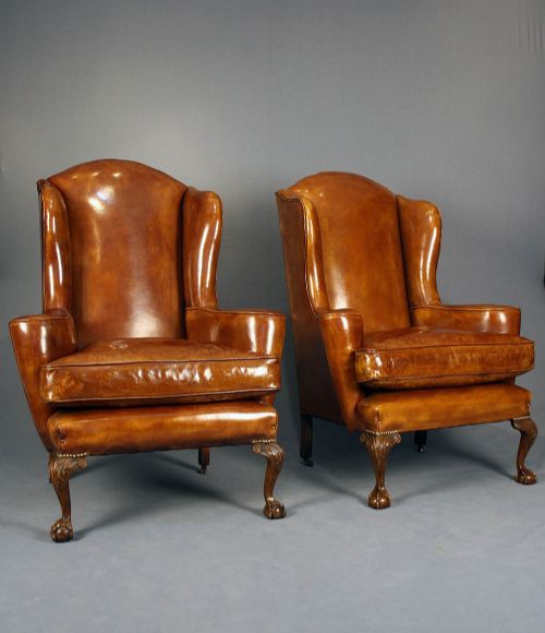 fig 2. Pair of Antique Walnut Leathered Wing Chairs