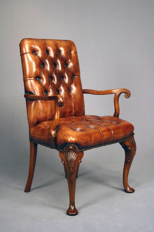 Antique Leather Walnut Armchair