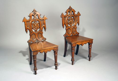 fig 2. Pair of Antique Gothic Oak Hall Chairs