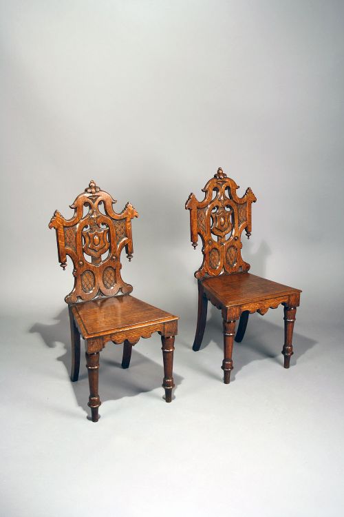 fig 3. Pair of Antique Gothic Oak Hall Chairs