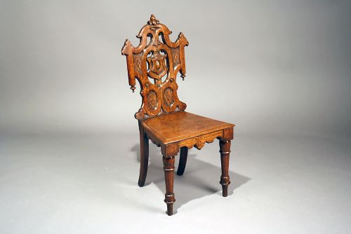 fig 4. Pair of Antique Gothic Oak Hall Chairs