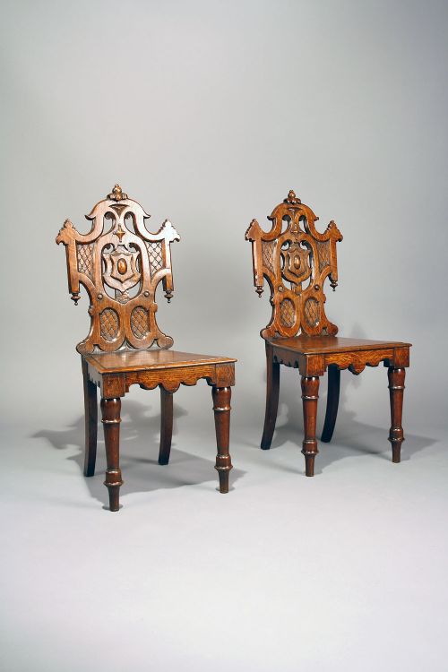 Pair of Antique Gothic Oak Hall Chairs