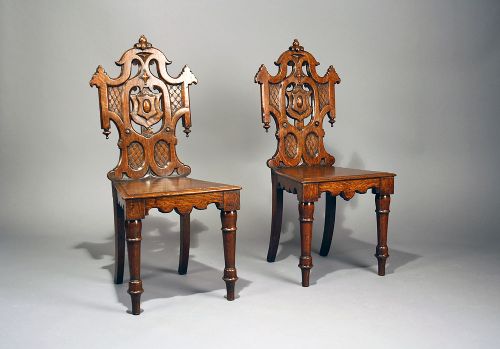 fig 1. Pair of Antique Gothic Oak Hall Chairs