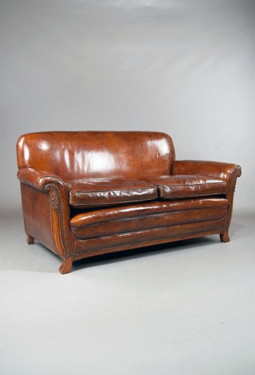 Antique Shaped Walnut Leather Sofa
