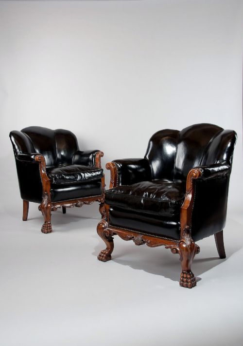 Quality Pair of Walnut Leather Armchairs