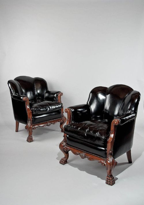 fig 1. Quality Pair of Walnut Leather Armchairs