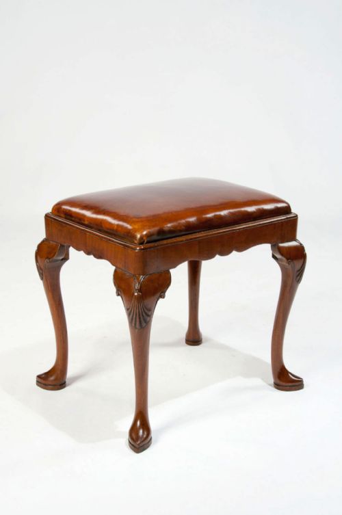 Antique Walnut Cabriole Leg Leather Stool