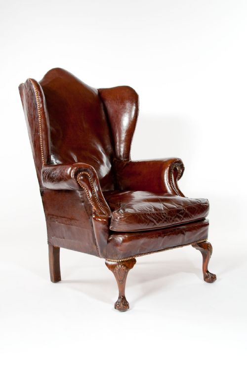 Quality Antique Walnut Leather Wing Chair