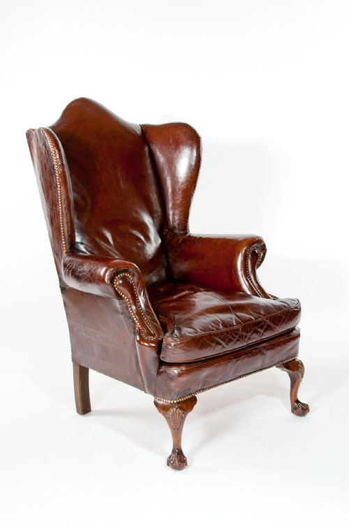 fig 1. Quality Antique Walnut Leather Wing Chair