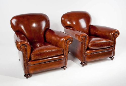 fig 1. Quality Pair Antique Leather Club Armchairs
