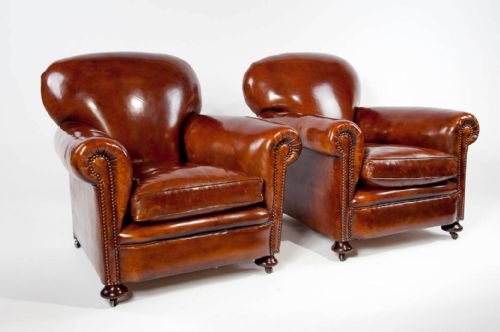 fig 2. Quality Pair Antique Leather Club Armchairs