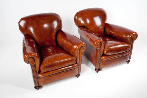 fig 3. Quality Pair Antique Leather Club Armchairs