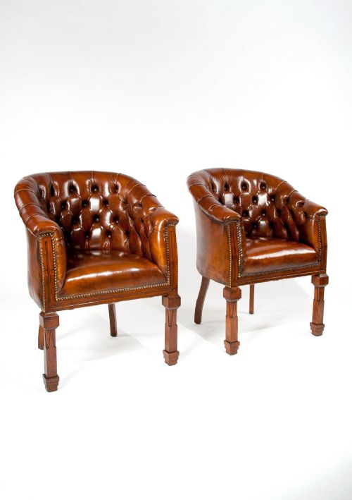 Antique Pair of Leather Tub Armchairs