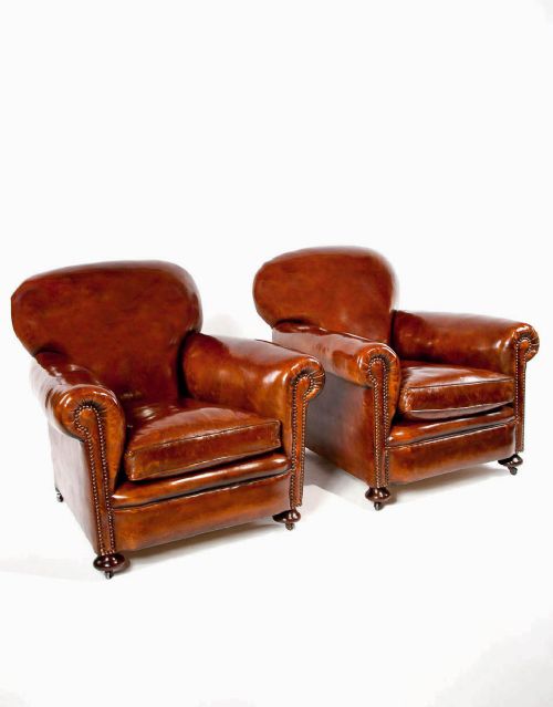 Quality Pair Antique Leather Club Armchairs