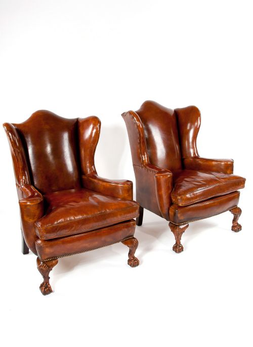 Pair of Walnut Leather Wing Chairs 19thc