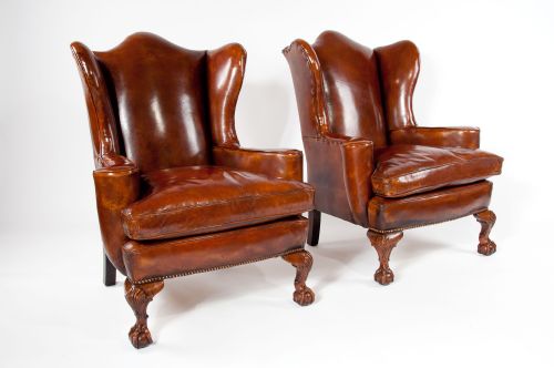 fig 1. Pair of Walnut Leather Wing Chairs 19thC