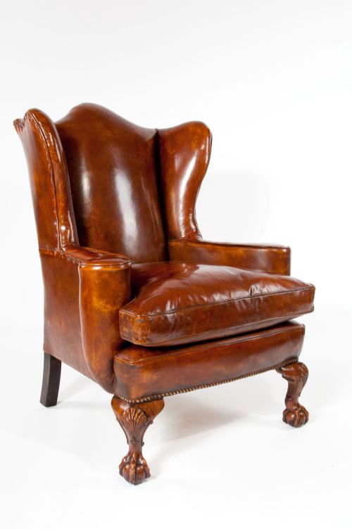fig 2. Pair of Walnut Leather Wing Chairs 19thC