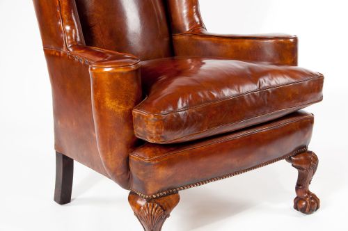 fig 5. Pair of Walnut Leather Wing Chairs 19thC