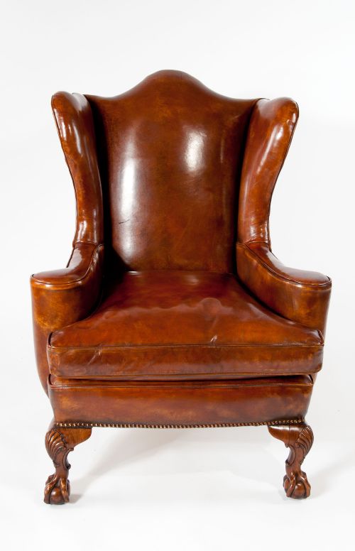 fig 6. Pair of Walnut Leather Wing Chairs 19thC