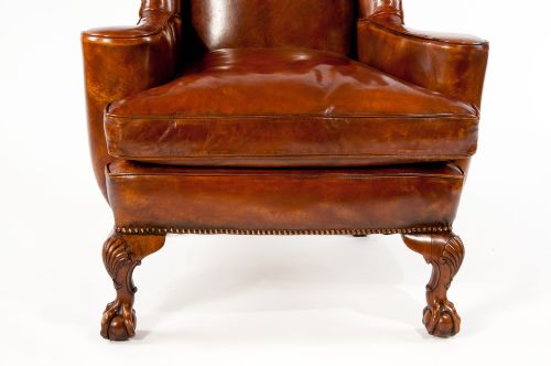 fig 7. Pair of Walnut Leather Wing Chairs 19thC