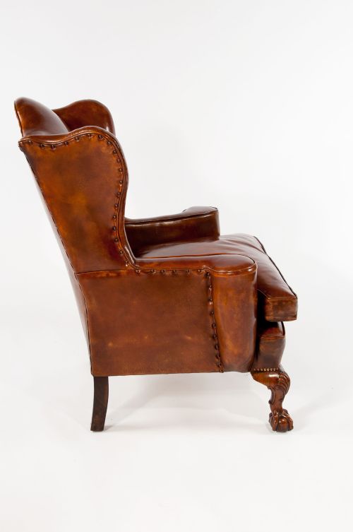 fig 8. Pair of Walnut Leather Wing Chairs 19thC