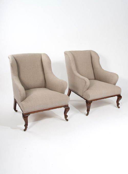 Pair of Victorian Linen Upholstered Armchairs
