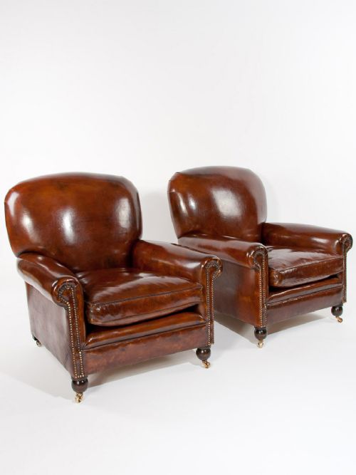 Quality Pair of Late 19th C Leather Armchairs