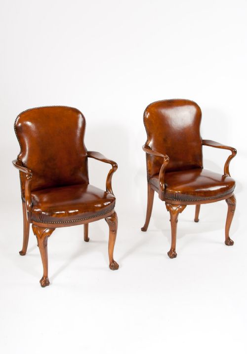 Pair of Walnut Leather Arm / Desk Chairs 1900