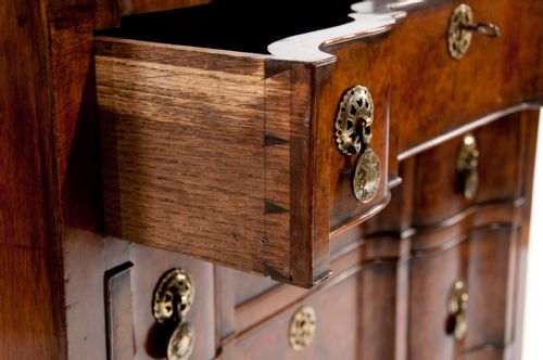 fig 6. Superb Antique Shaped Concave Burr Walnut Chest Of Drawers