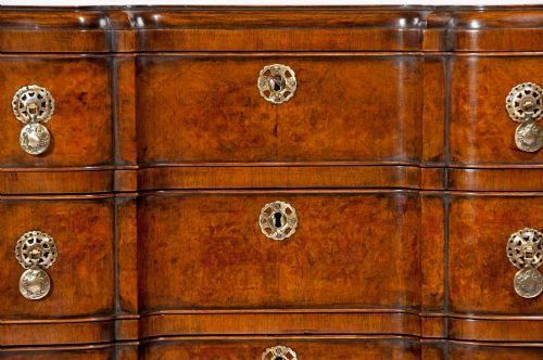 fig 9. Superb Antique Shaped Concave Burr Walnut Chest Of Drawers