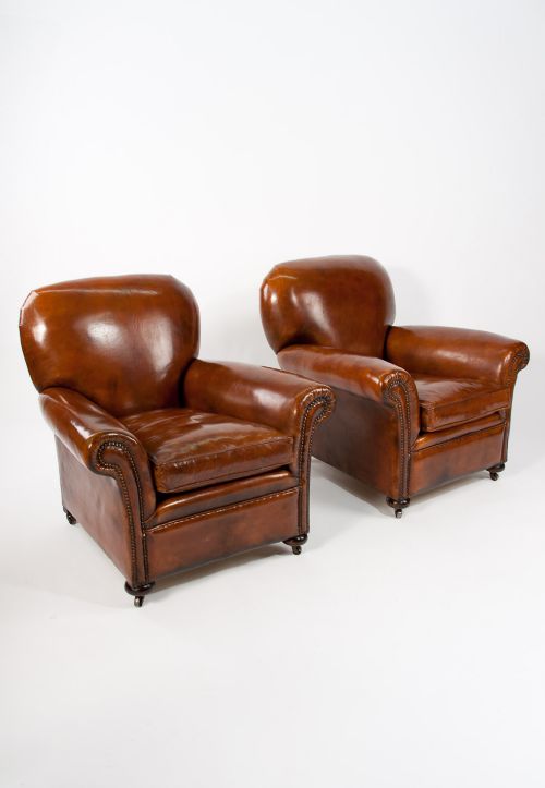 fig 1. Quality Pair Antique Leather Club Armchairs