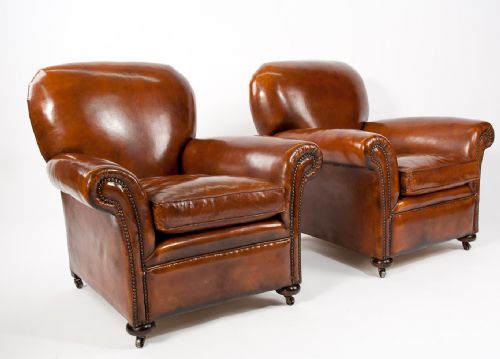 fig 2. Quality Pair Antique Leather Club Armchairs