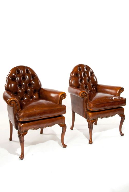 fig 1. A Pair of Antique Leather Walnut Armchairs