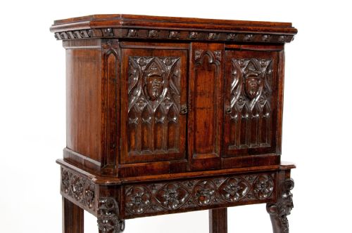 fig 1. Unusual Oak 19th C Gothic Cabinet on stand