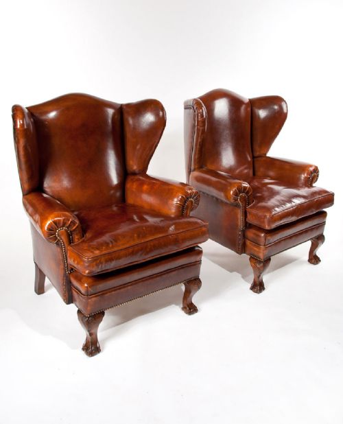 Pair of Walnut Leather Wing Chairs 19thc