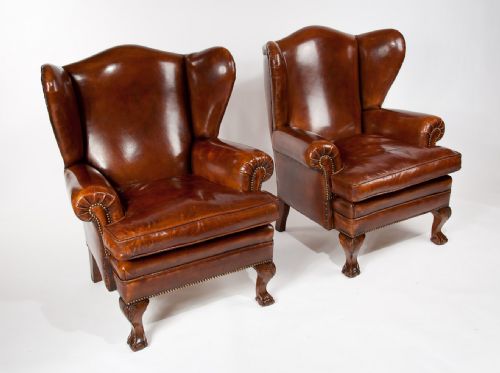 fig 1. Pair of Walnut Leather Wing Chairs 19thC