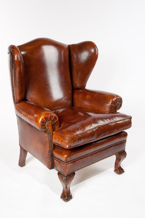 fig 2. Pair of Walnut Leather Wing Chairs 19thC