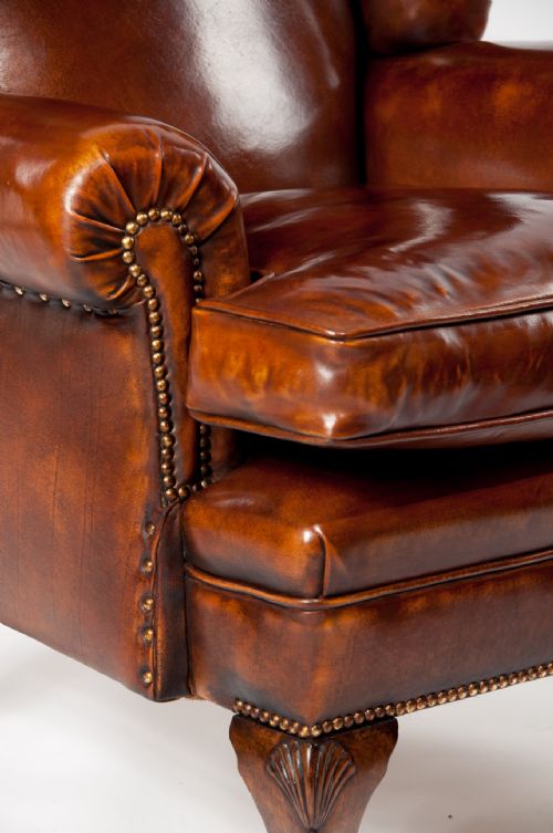 fig 3. Pair of Walnut Leather Wing Chairs 19thC